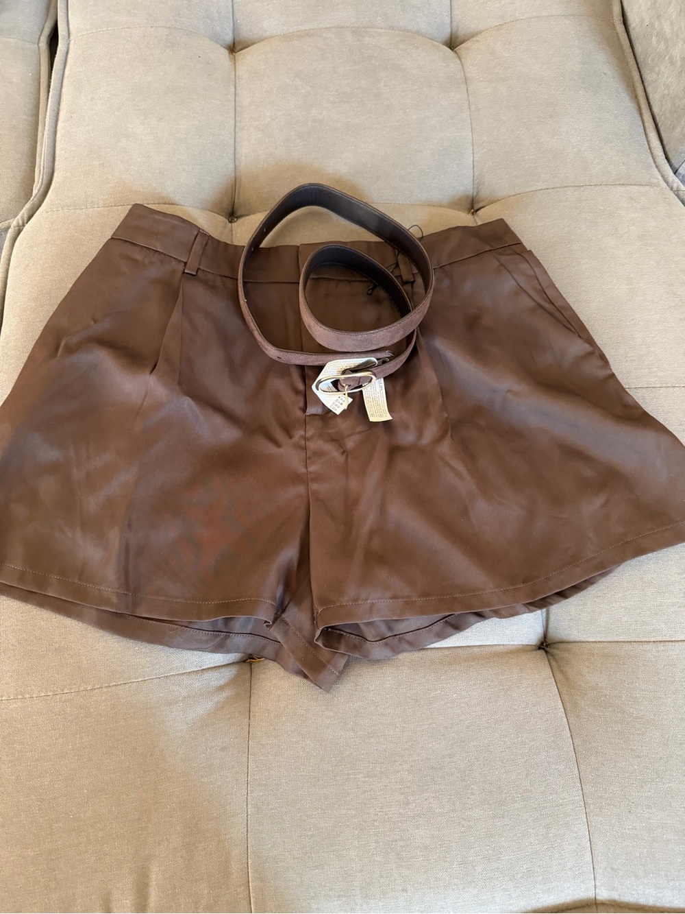 Bershka Brown High-Waist Faux Leather Shorts with Matching Belt